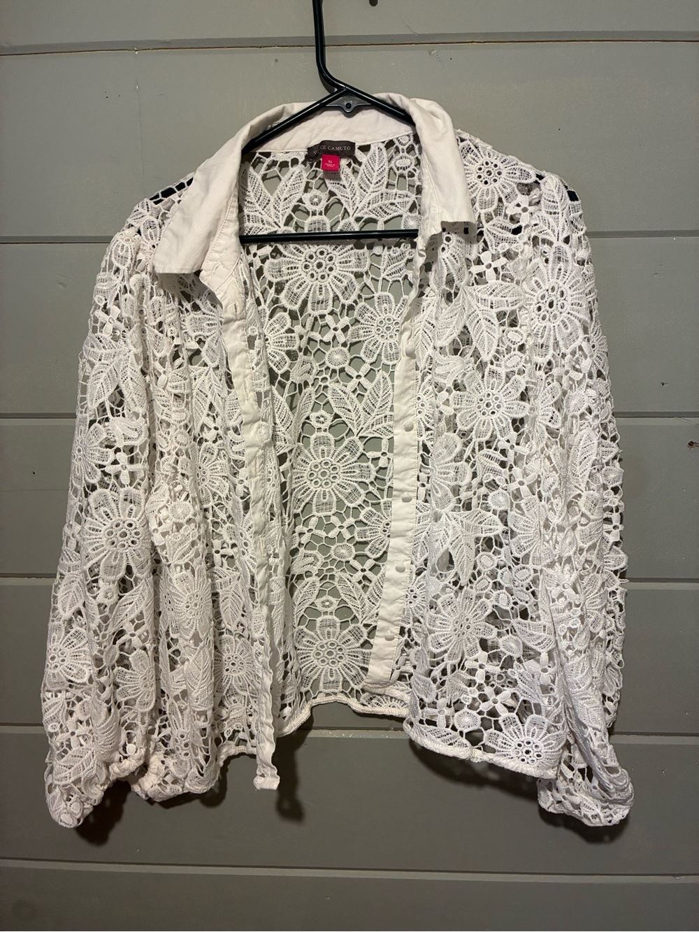Vince Camuto White Floral Crochet Lace Button Front Top XL Sheer Boho Layering